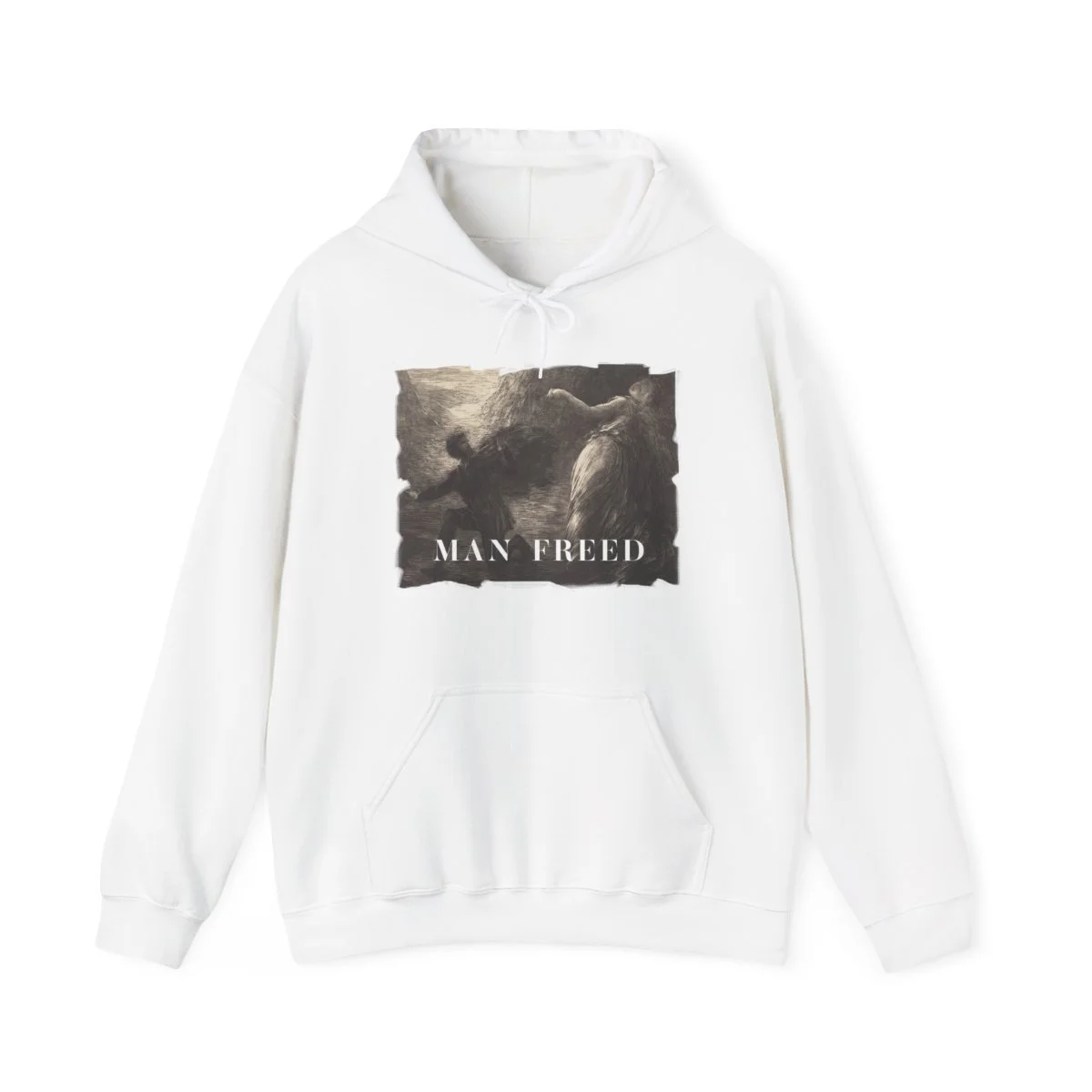 White hoodie with a black-and-white graphic print of a classical painting and the words "MAN FREED" on the front.