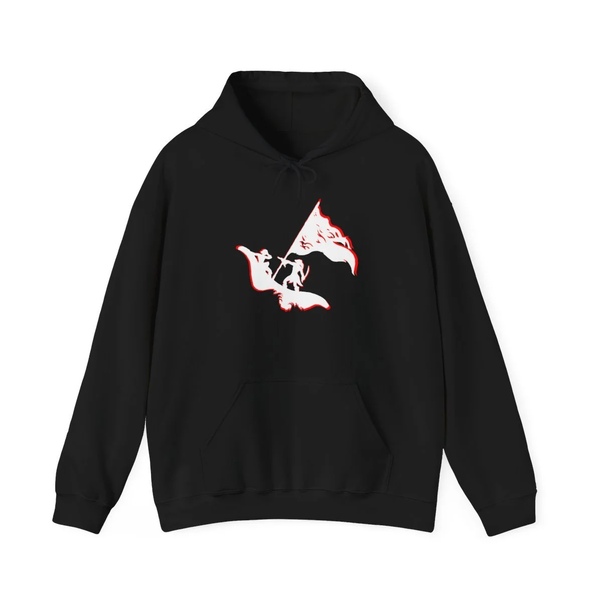 Black hoodie with a graphic of a flag being held by a bat and a human figure, outlined in red and white.