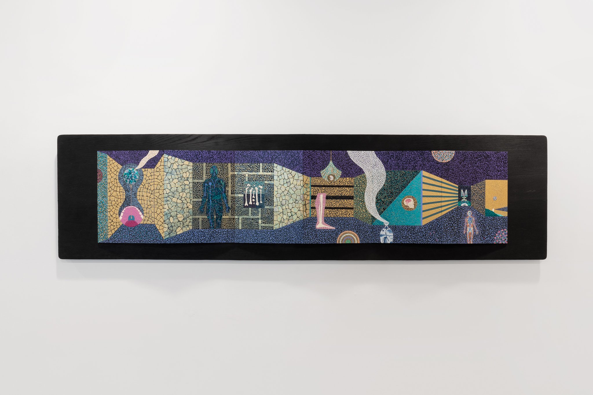 Thought the Body of the World, 2025, acrylic on ACM panel with burnt oak panel; image: 1350 × 300 mm, overall dimensions: 1610 × 410 mm