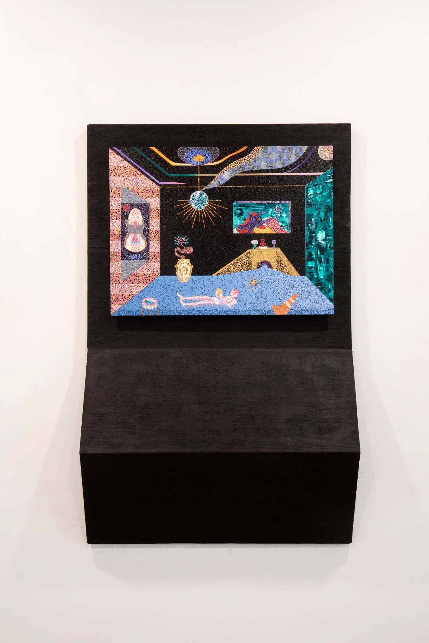 Chamber, 2025, acrylic on ACM panel mounted on burnt oak panel; image: 490 × 370 mm, overall dimensions: 590 × 940 mm