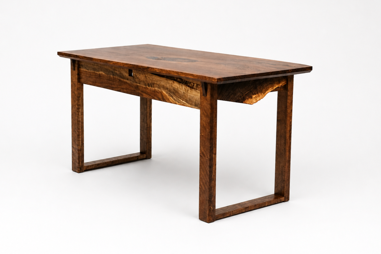 Wooden table with a natural finish and a live edge on the sides, set against a plain white background.