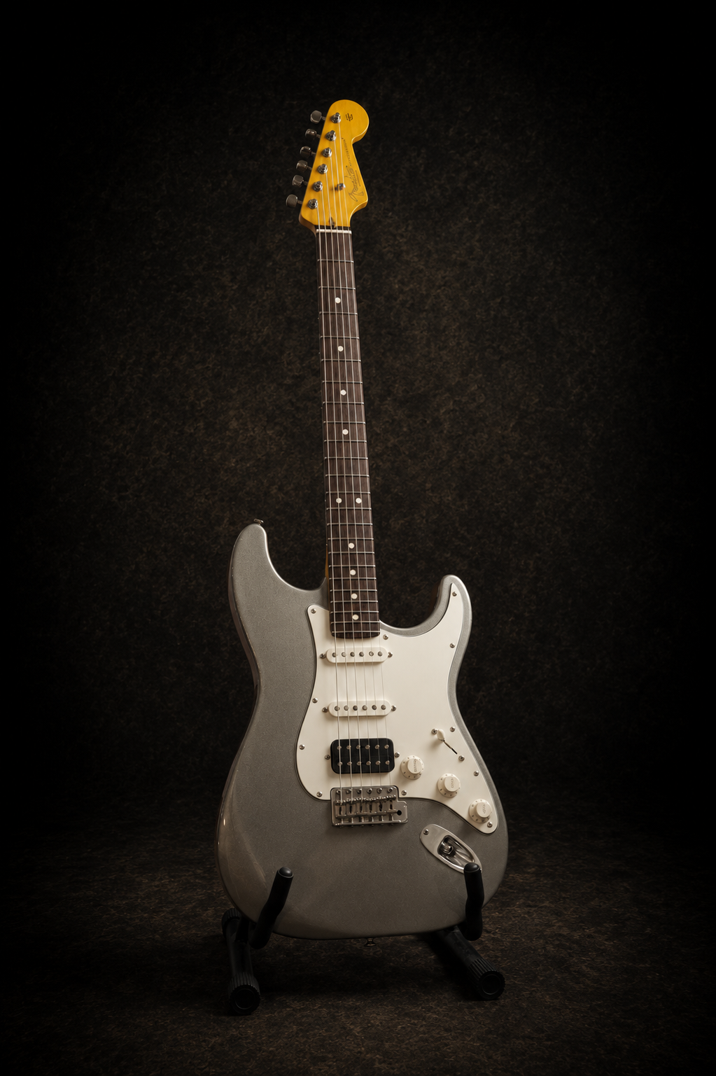 Silver electric guitar on a black stand against a dark background.