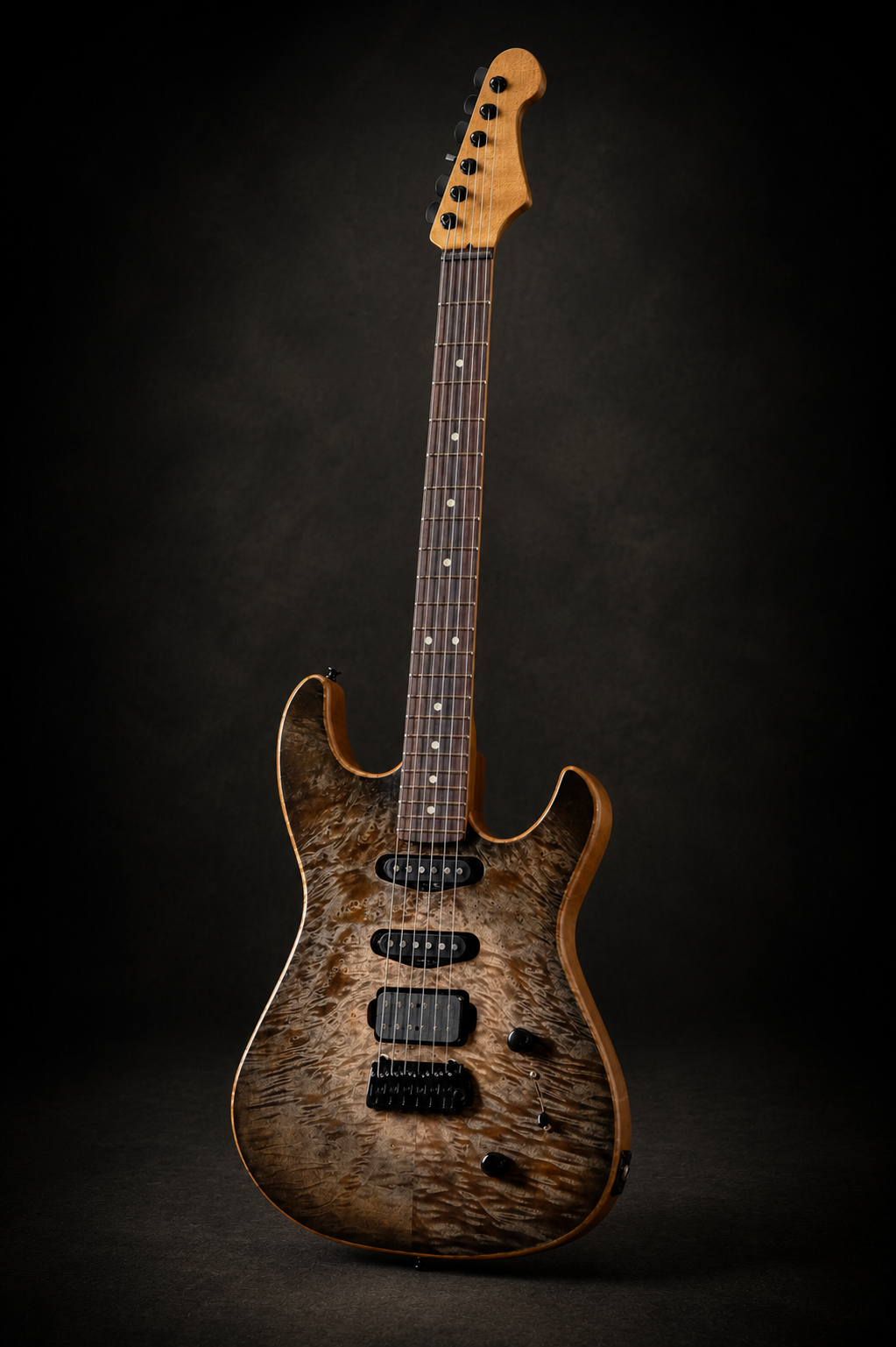 A custom electric guitar with a quilted maple top and a natural wood finish, standing upright against a dark background.