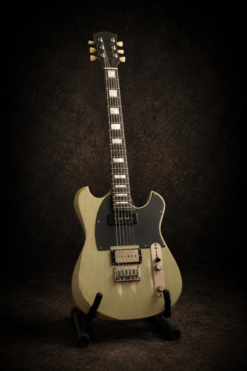 A vintage cream-colored electric guitar with a black pickguard, placed on a black guitar stand against a dark textured background.