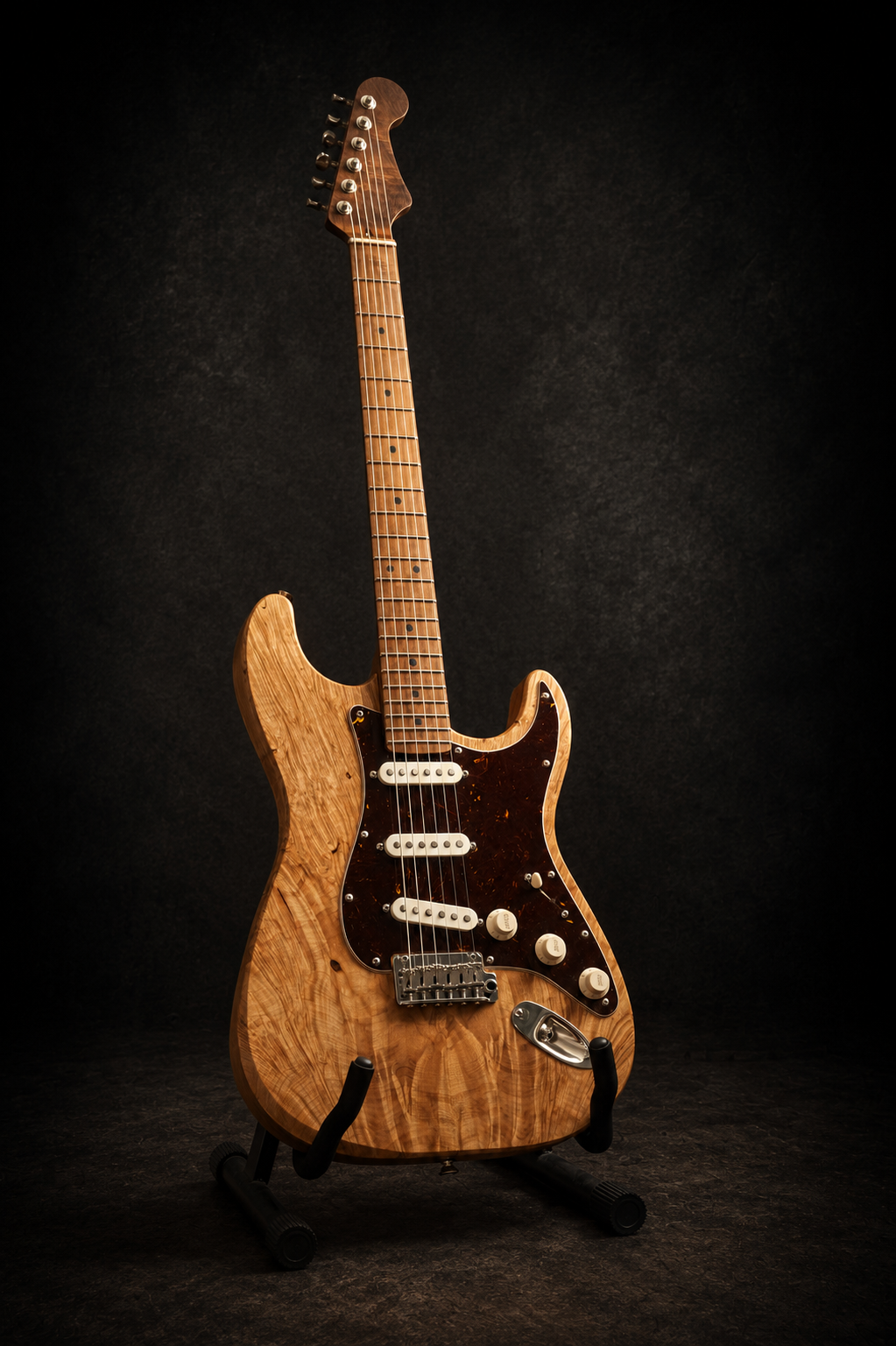 A vintage-style electric guitar with a natural wood finish, black pickguard, and white pickups, standing on a black guitar stand against a dark background.