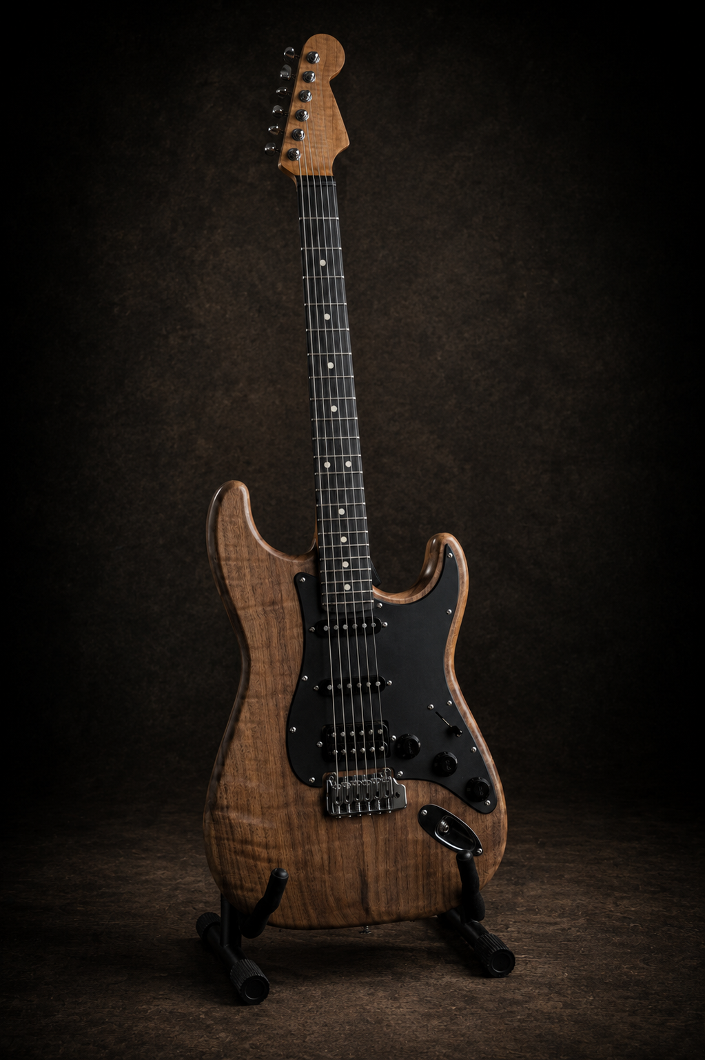 A wooden electric guitar with black pickguard and knobs, standing on a black guitar stand against a dark background.