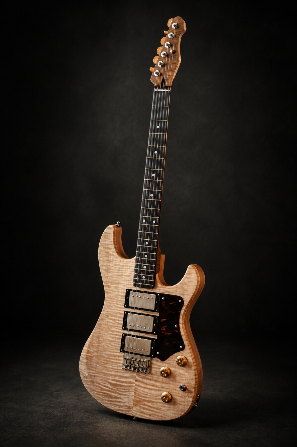 A high-end electric guitar with a natural wood finish, black fretboard, and gold control knobs, standing upright on a dark surface against a black background.