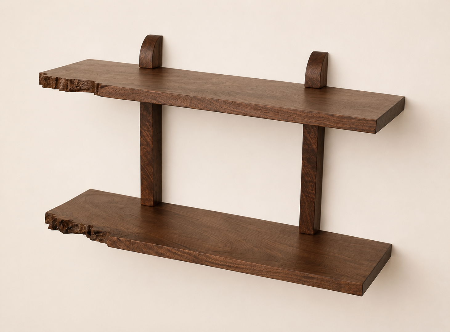 Two wooden shelves mounted on a white wall, with the lower shelf having a rough, natural edge.