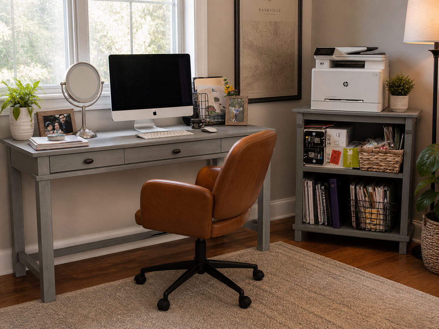 Grey Three Drawer Desk and Bookcase