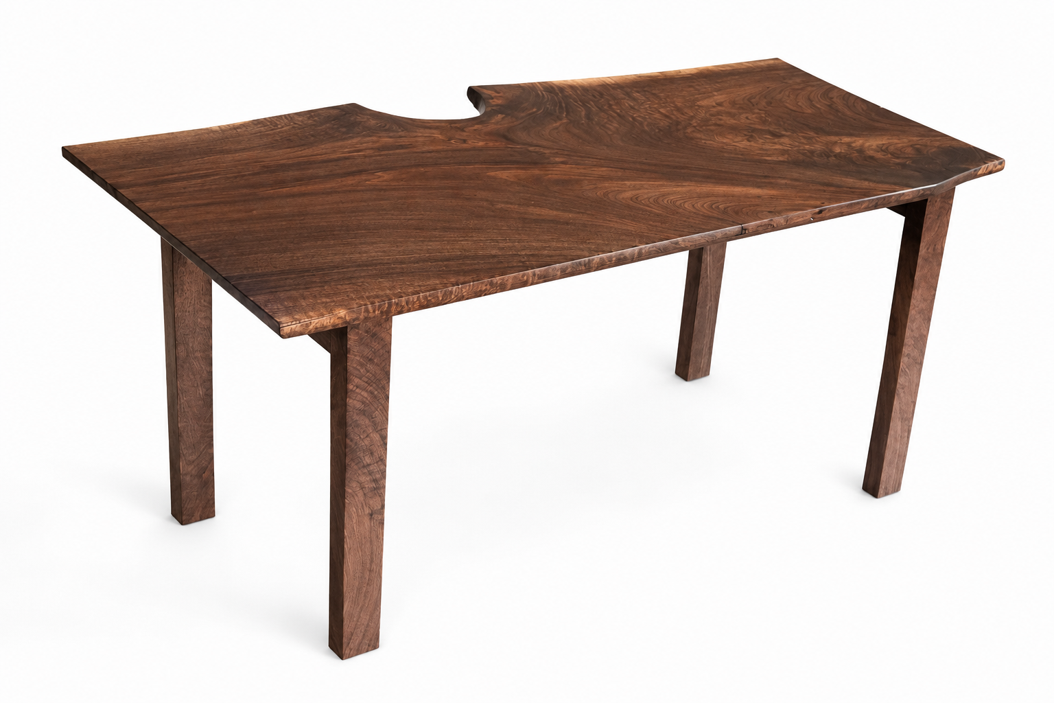 Wooden table with a live edge and four legs, isolated on a white background.