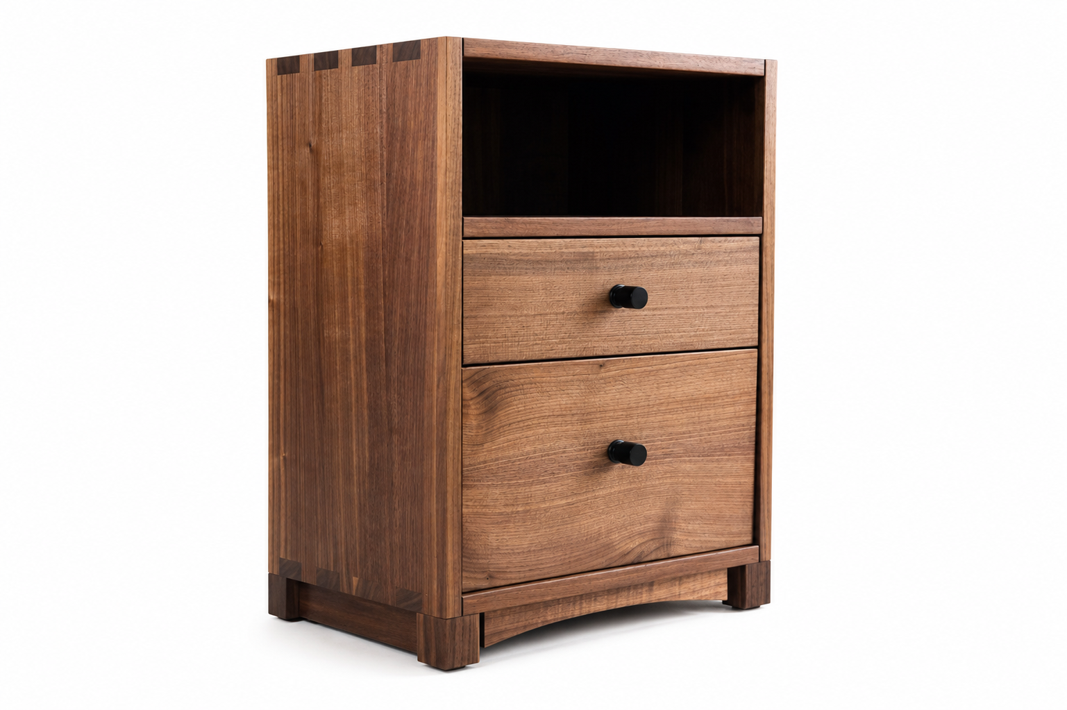 A wooden chest of drawers with two drawers and an open top shelf, made of warm-toned wood, standing against a plain white background.