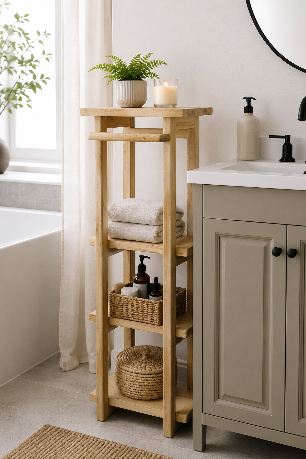 A bathroom with a wooden shelving unit holding towels, skincare products, and decorative items, situated next to a gray vanity with a white countertop, a black faucet, and a soap dispenser. There is a small window with white curtains and a potted plant nearby.