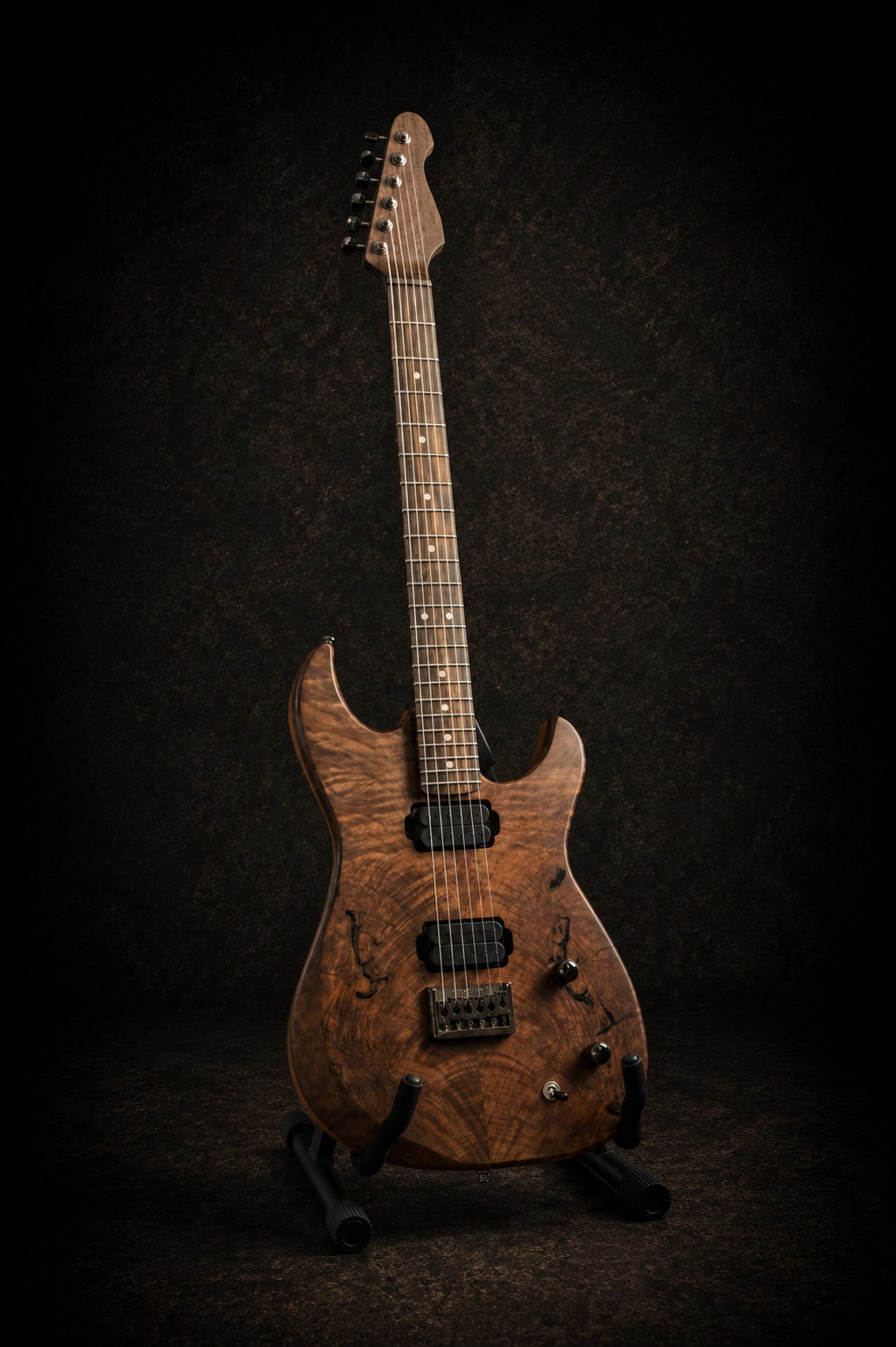An electric guitar with a wood grain finish, black pickups, and an intricate body design, standing on a guitar stand against a dark background.