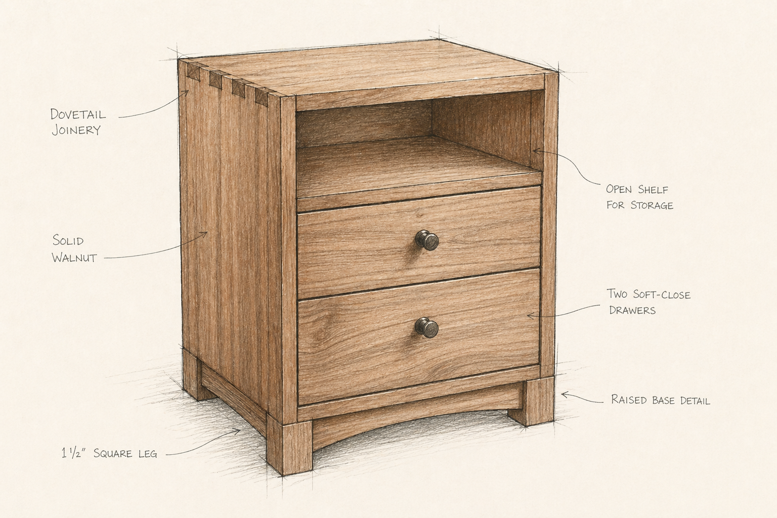 Illustration of a wooden nightstand with a raised base, two soft-close drawers, an open shelf for storage, and detailed dovetail joinery, made of solid walnut with square legs. Made by Von Boyle Woodworking Co.