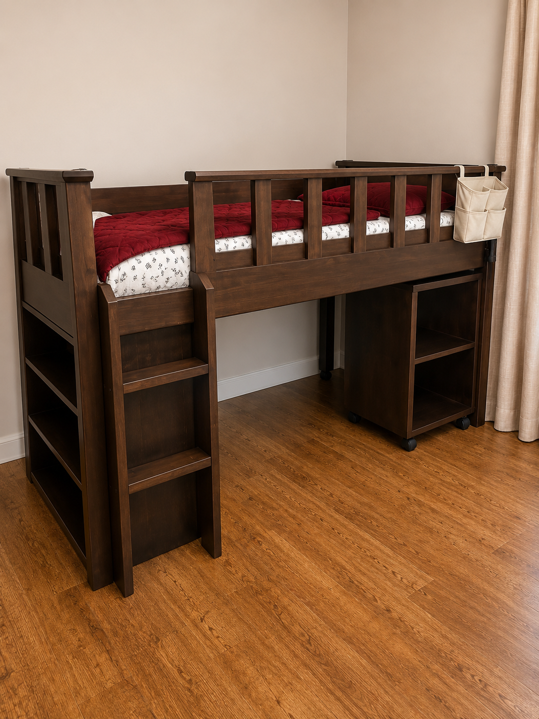Wooden loft bed with built-in shelves, mattress with white sheet, red blanket, and red pillows, next to beige curtains and light-colored wall, on hardwood floor.