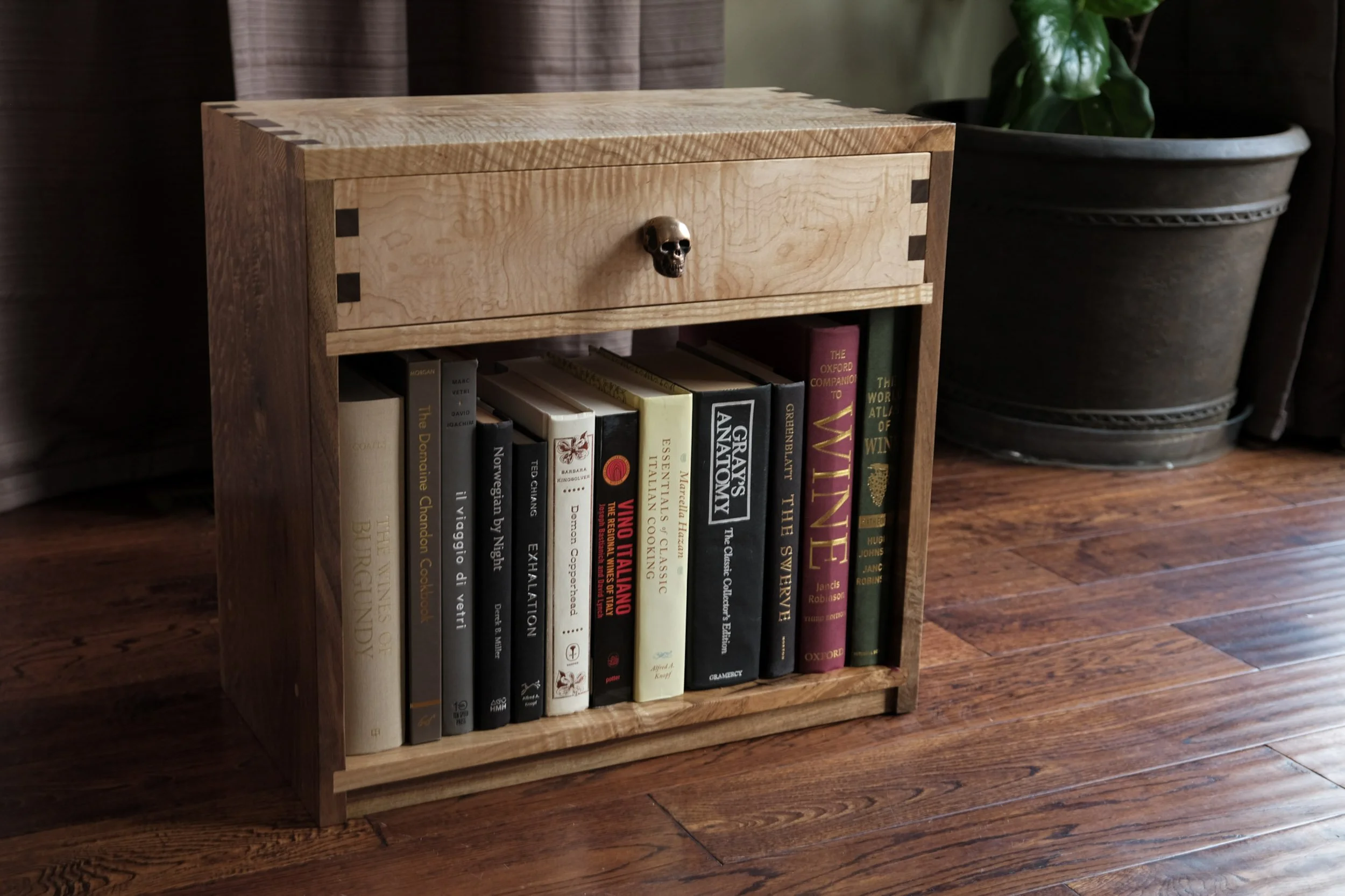 Von Boyle Curly Ash and Walnut Side Table with Dovetail Drawers