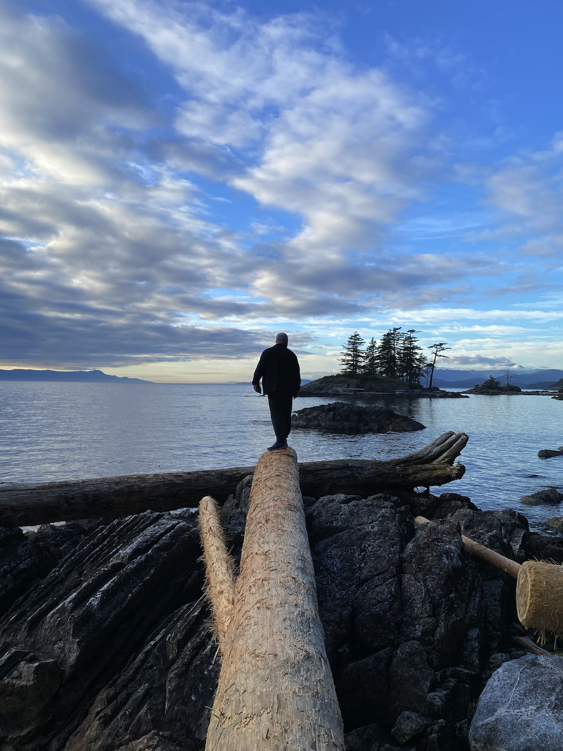 A person walking on a log that crosses over rocks and water, with a cloudy sky and small trees in the background.