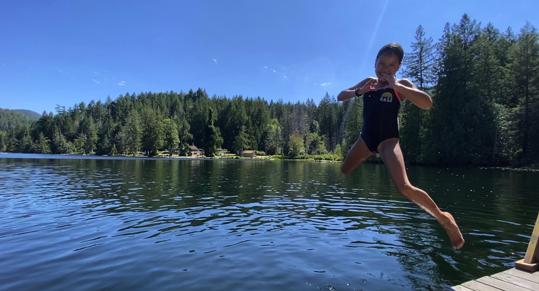 A boy in a swimsuit jumping into a lake from a dock with trees and a clear blue sky in the background.