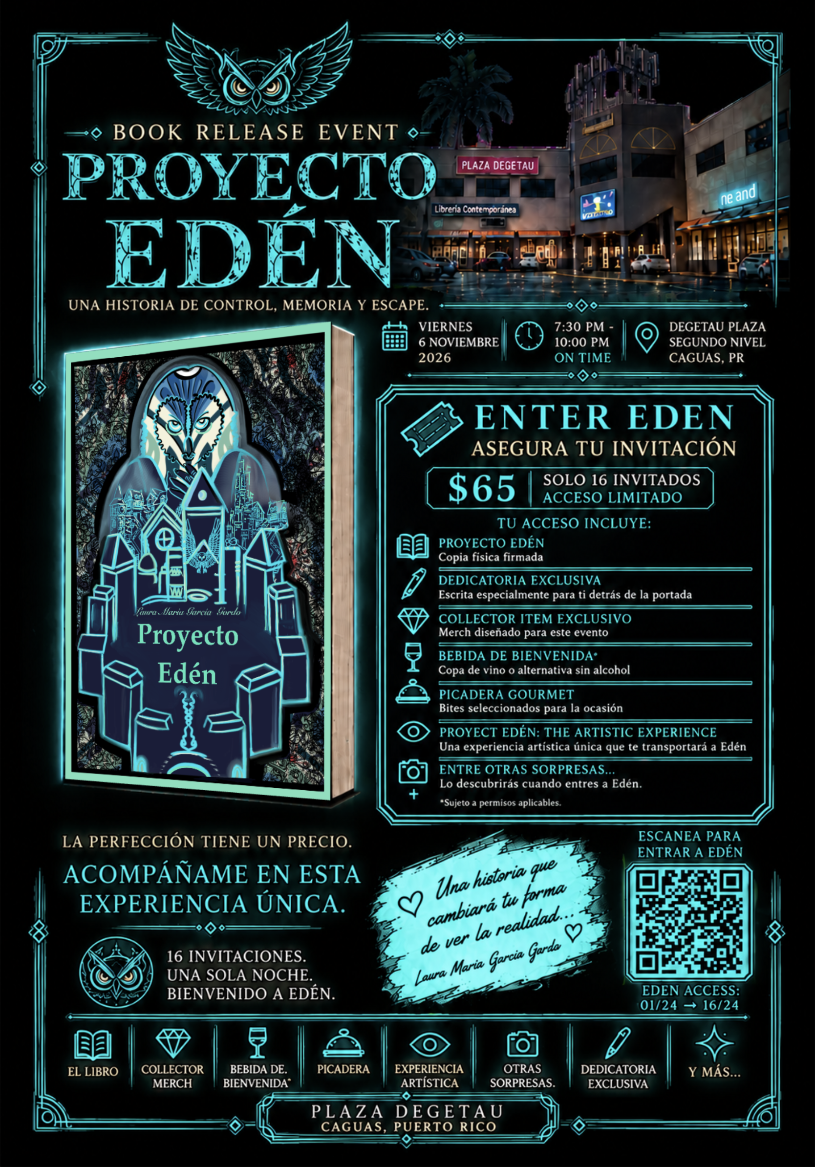 A digital flyer for the book release event of Proyecto Edén. The flyer features neon blue and black colors, with images of an owl, a cityscape, and various event details such as date, time, location, and activities planned for the event.