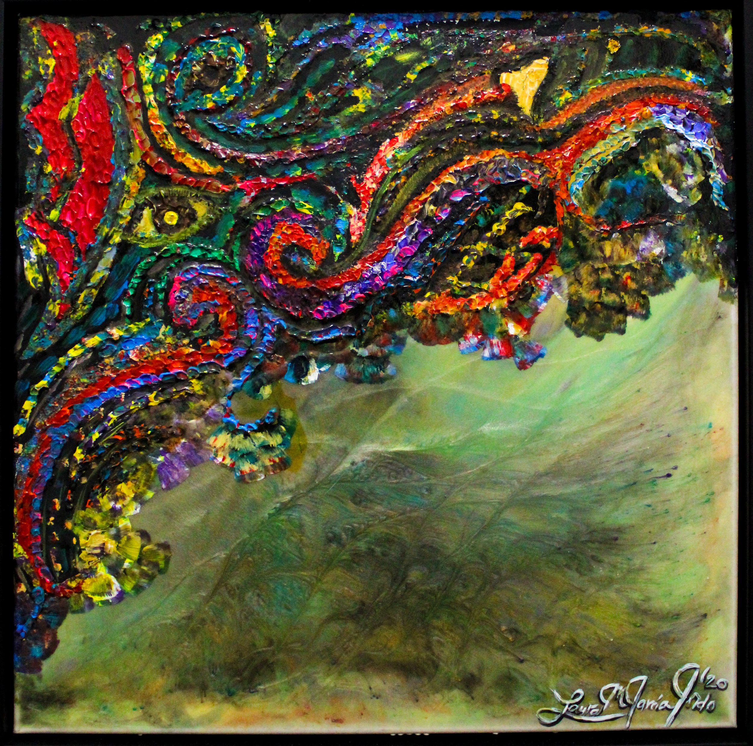 “Colorful abstract painting with swirling red, yellow, and blue patterns forming a flowing organic figure across a vibrant landscape.”