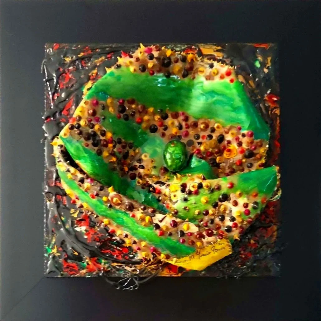 “Green textured mixed media abstract artwork with bead patterns and layered sculptural form on a dark background.”