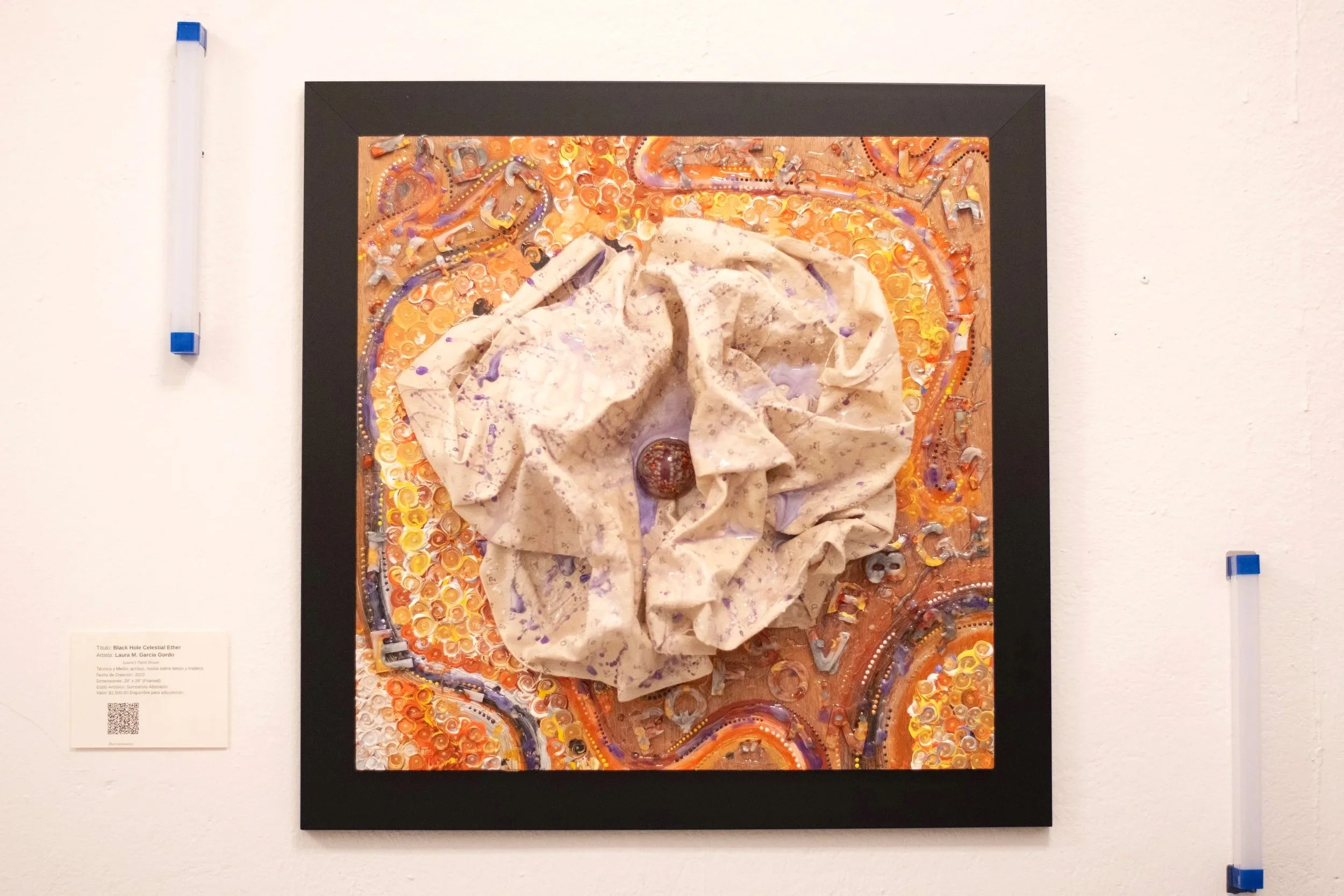 “Textured abstract cosmic sculpture-like painting with folded white fabric form surrounded by luminous golden energy patterns.” earth Colors: creme , beige, orange, brown, yellow, black, white.