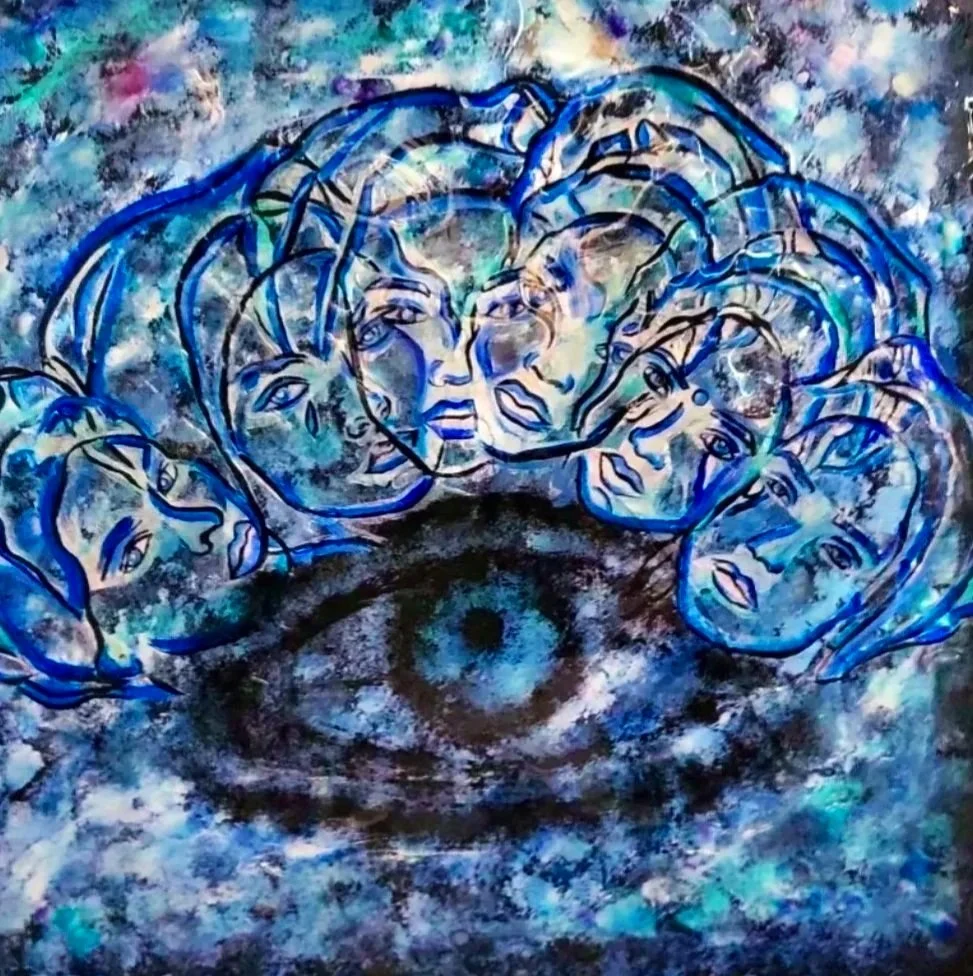 “Mixed media abstract artwork featuring an eye surrounded by overlapping human faces drawn in blue lines on a cosmic textured background.”