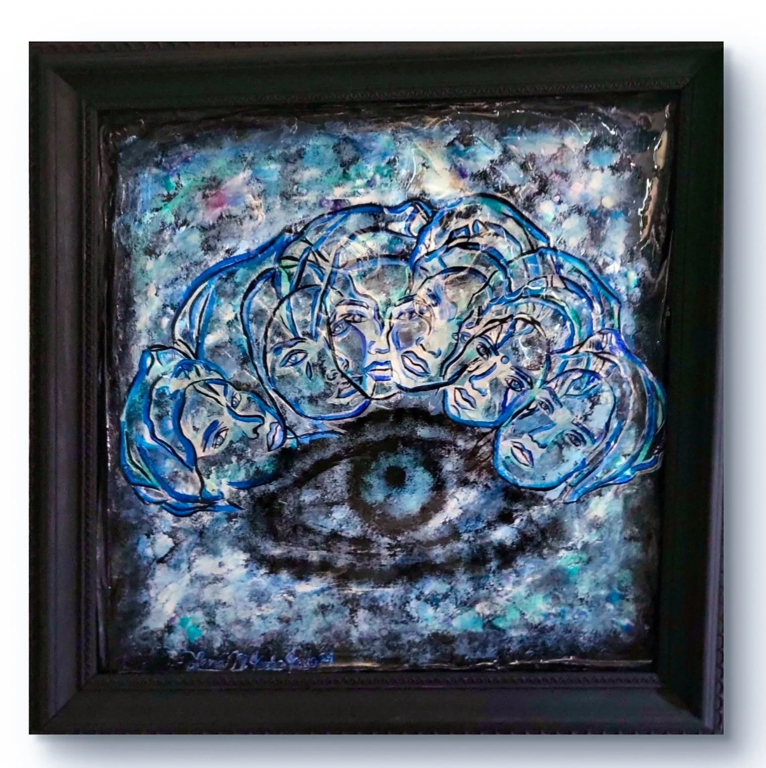“Mixed media abstract artwork featuring an eye surrounded by overlapping human faces drawn in blue lines on a cosmic textured background.”