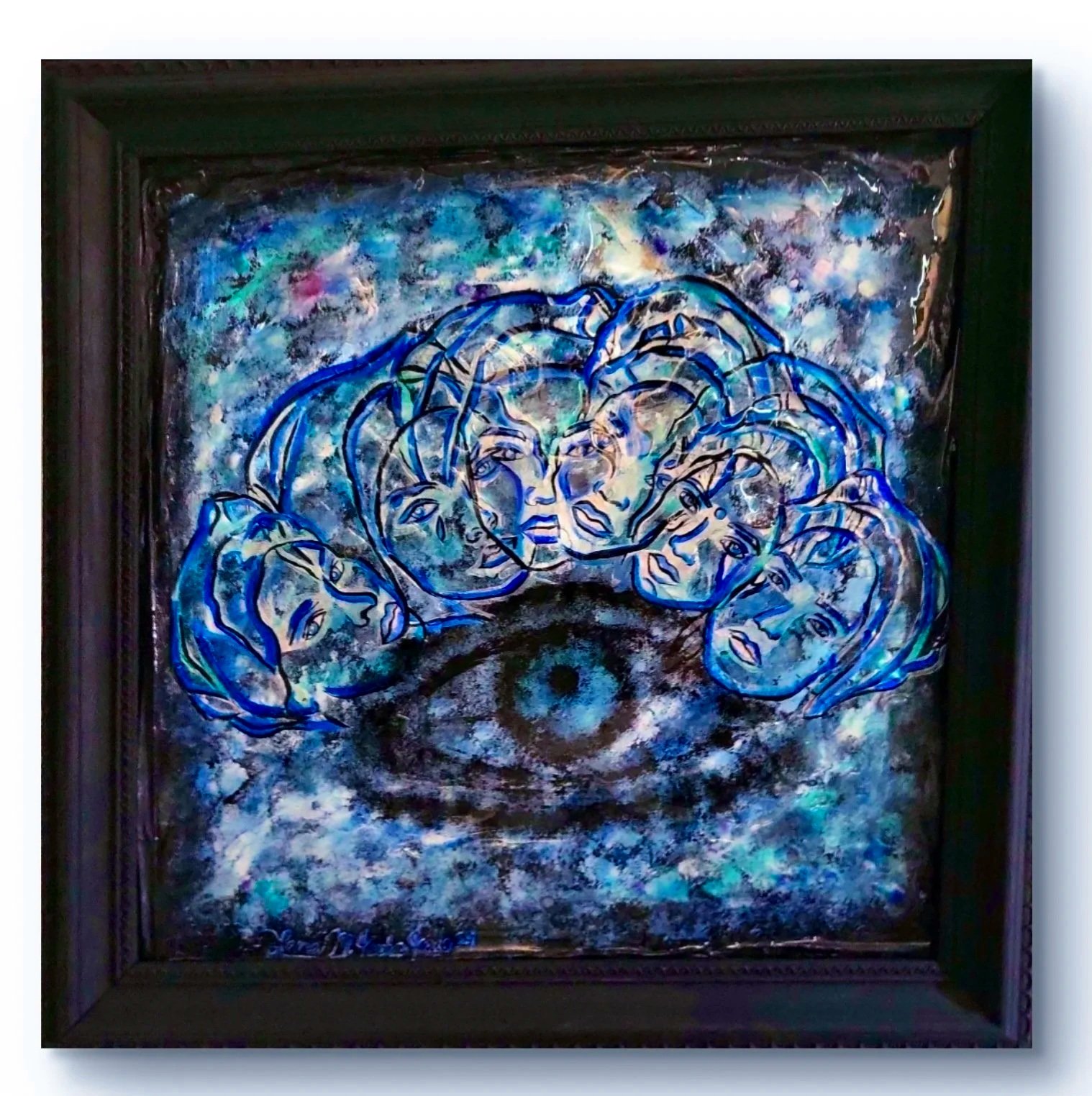 “Mixed media abstract artwork featuring an eye surrounded by overlapping human faces drawn in blue lines on a cosmic textured background.”