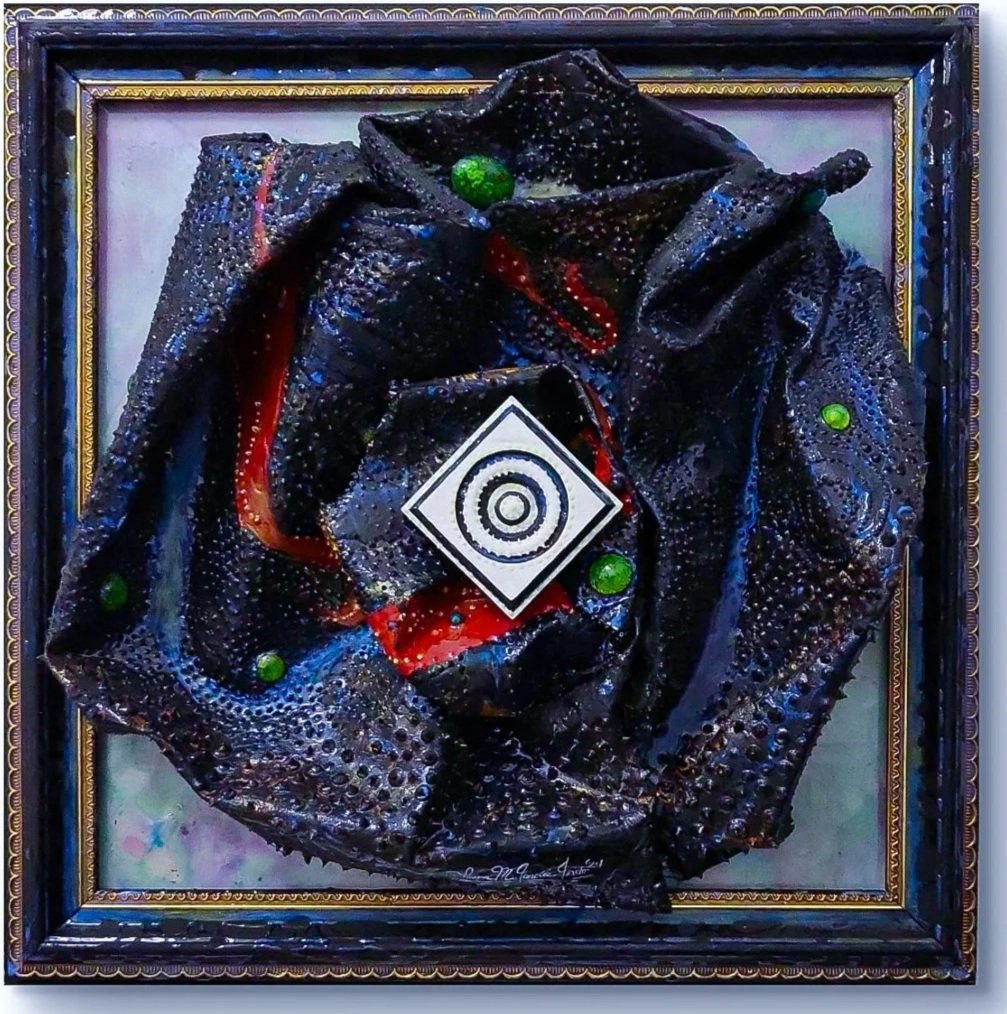“Dark cosmic mixed media artwork with folded black fabric structure and central geometric portal symbolizing a celestial black hole.”