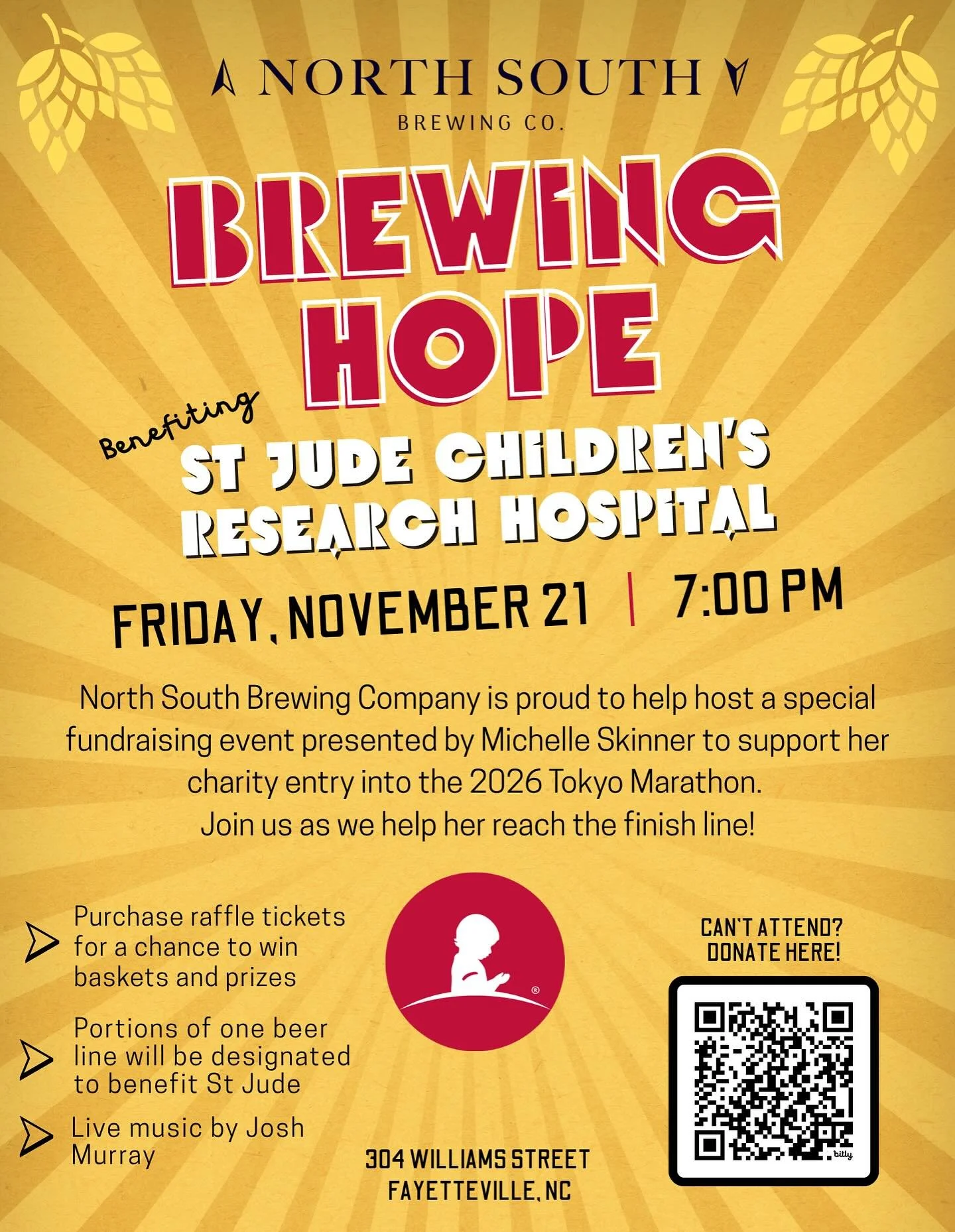 🍻 Brewing Hope at North South Brewing 🍻 
Join us Friday, November 21 at 7 PM for a special fundraising night benefiting St. Jude Children&rsquo;s Research Hospital 🍻💛

We&rsquo;re teaming up with Michelle Skinner as she works toward her 2026 Toky