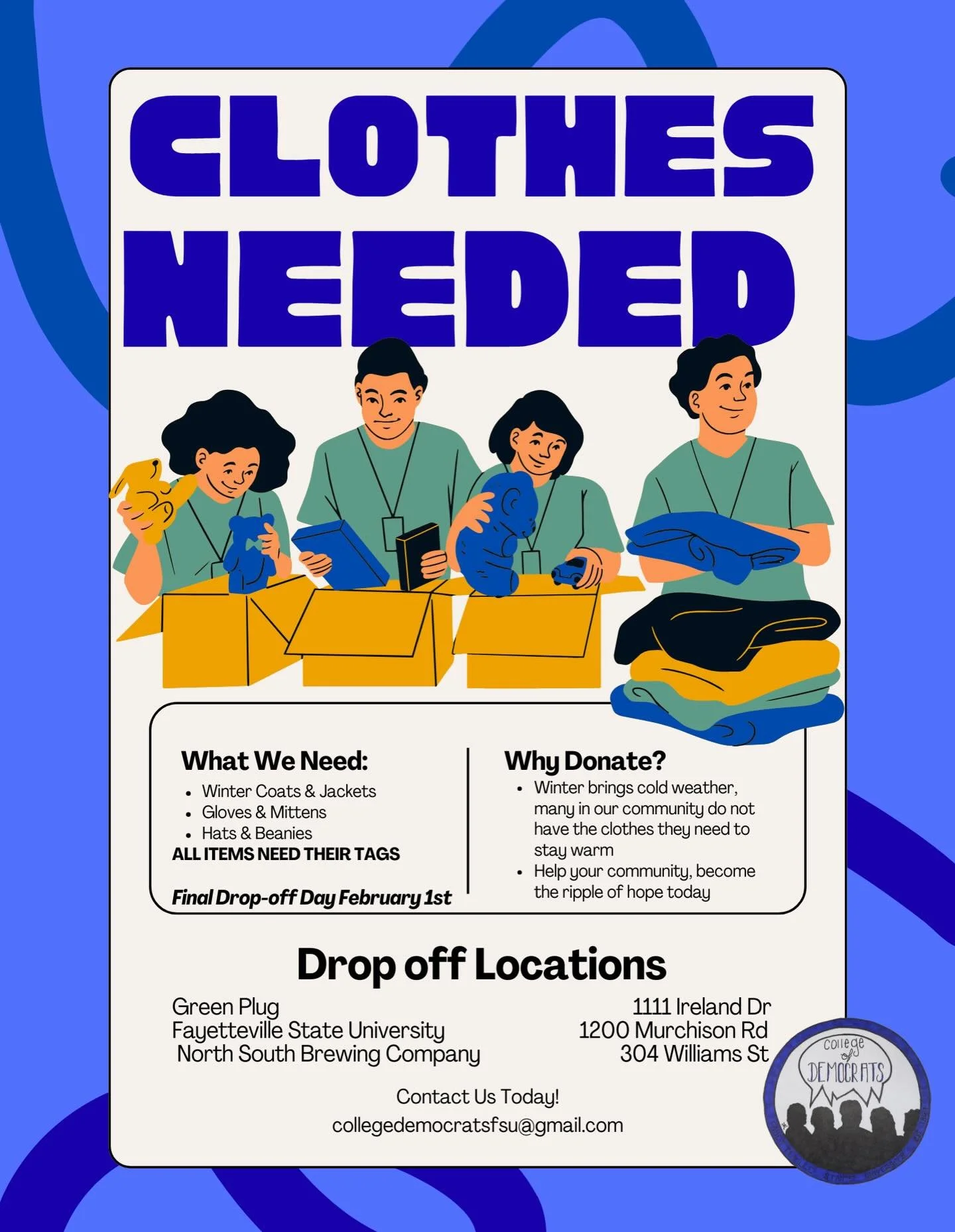 Cold temperatures are here, and our community needs your help! North South Brewing is proud to be a drop-off location for new winter coats, gloves, mittens, and hats. Please keep tags attached.

Small donations can make a big difference. Let&rsquo;s 