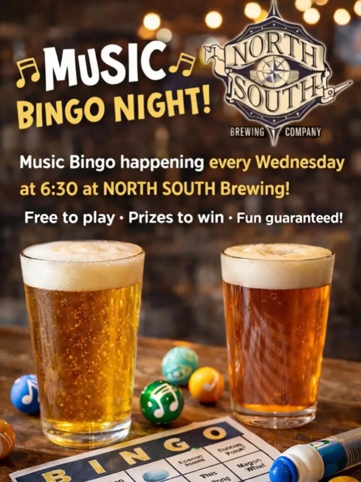 Your midweek pick-me-up is HERE 👉 Music Bingo at North South! Every Wednesday at 6:30pm! 

Join us every Wednesday at 6:30pm for cold beer, good vibes, and a lot of &ldquo; I KNOW THIS SONG!&rdquo; moments. Free to play + prizes up for grabs! 

Come
