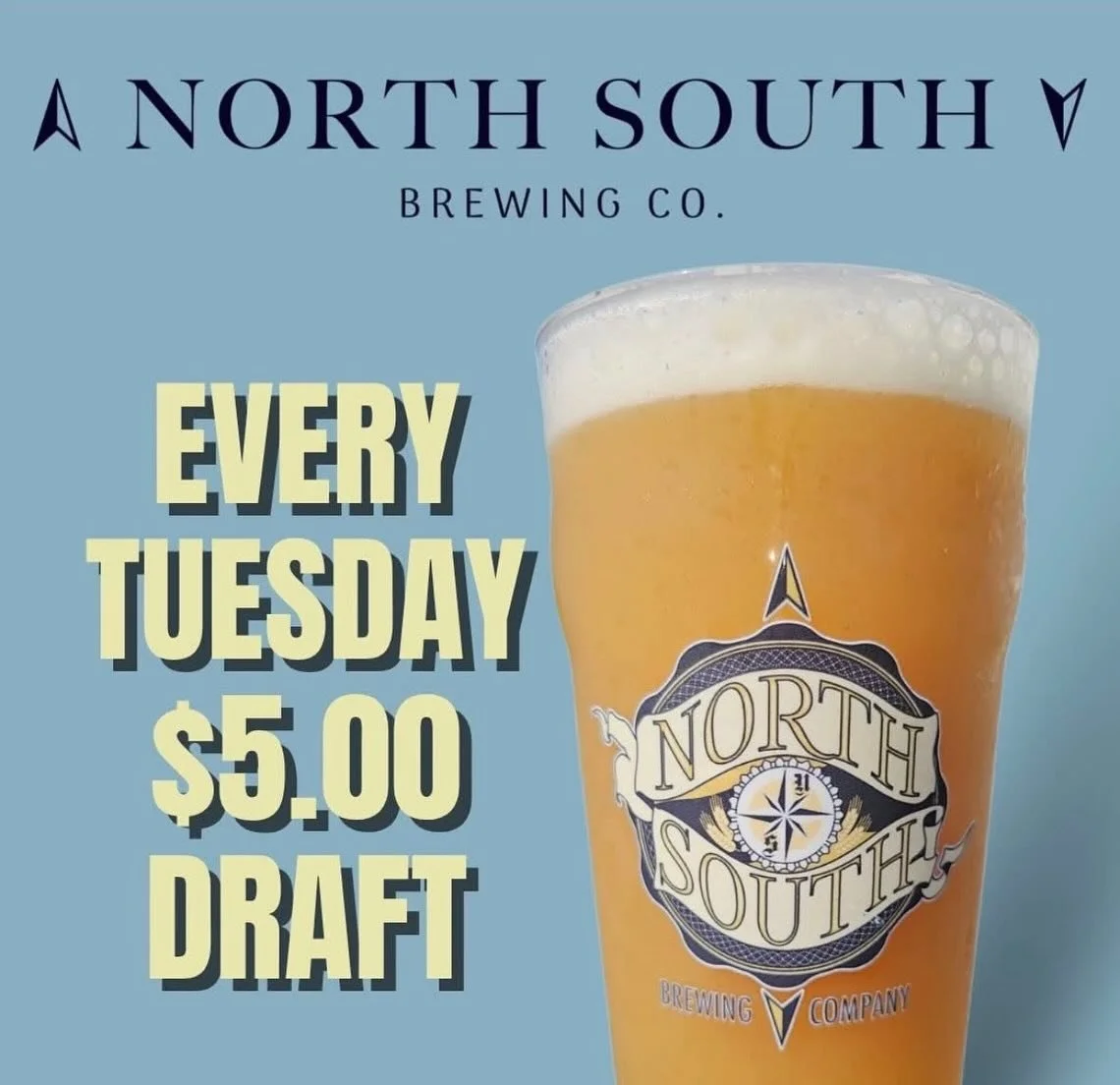 Hoppy Tuesday, North South Fam!
If you&rsquo;re trying to stretch your dollars, we&rsquo;ve got you covered with $5 pints (every Tuesday.) 🍺🙌 Bring your own snacks or dinner and hang out for a bit.

Feeling low key? Bring a book, grab a pint, and c