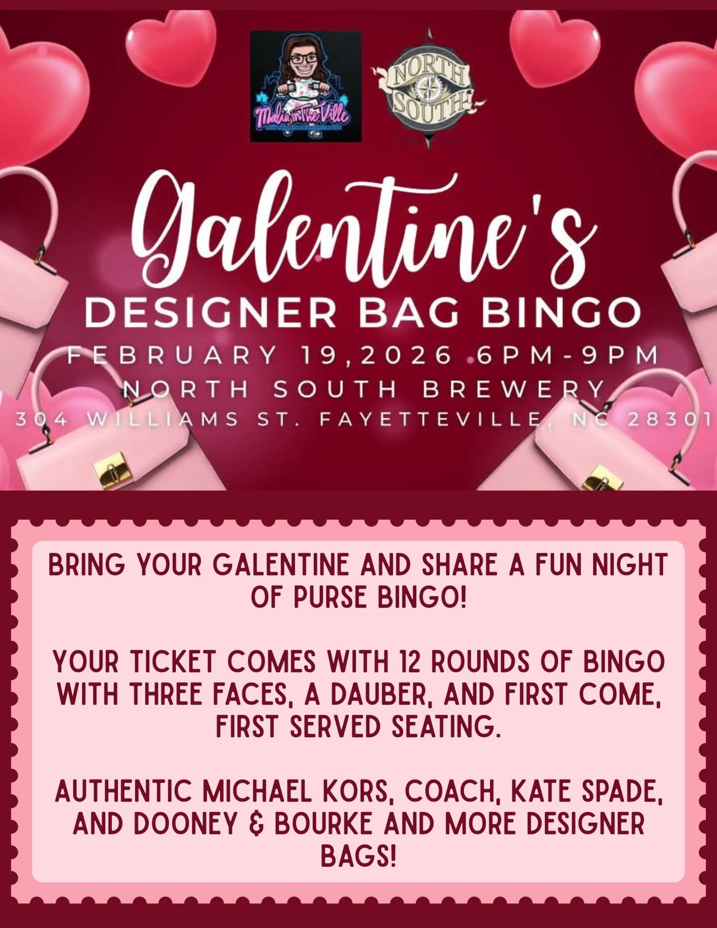 We&rsquo;ve got the back-to-back fun and you&rsquo;re invited! 

TONIGHT - Galentine&rsquo;s Designer Bag Bingo! Happening from 6:00 -9:00pm&hellip;
Grab your besties and come play for authentic designer bags (Michael Kors, Coach, Kate Spade &amp; mo