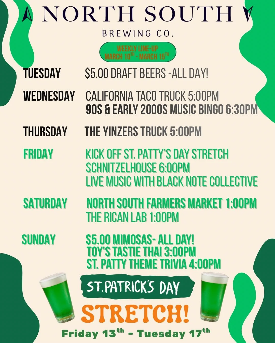 🍀 It&rsquo;s that time of year when everything turns green at North South! Yes, even the beer! 😜🍀

We&rsquo;re diving straight into the shamrock spirit as we kick off our St. Patrick&rsquo;s Day Stretch this Friday the 13th and celebrate all the w