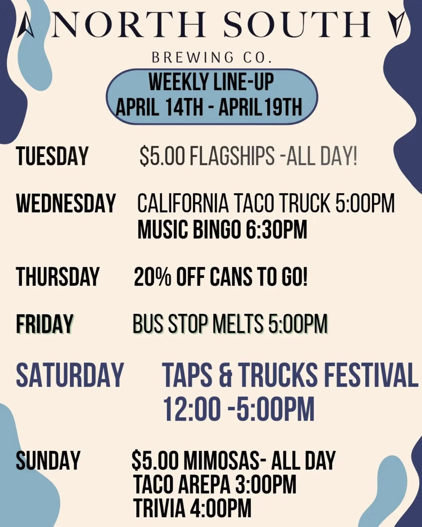 Big week this week at North South! 

This Saturday is our Taps &amp; Trucks festival! 10 local food trucks, more then 20 vendors, and a whole lot of fun! Event starts at 12pm! We will see you there!
