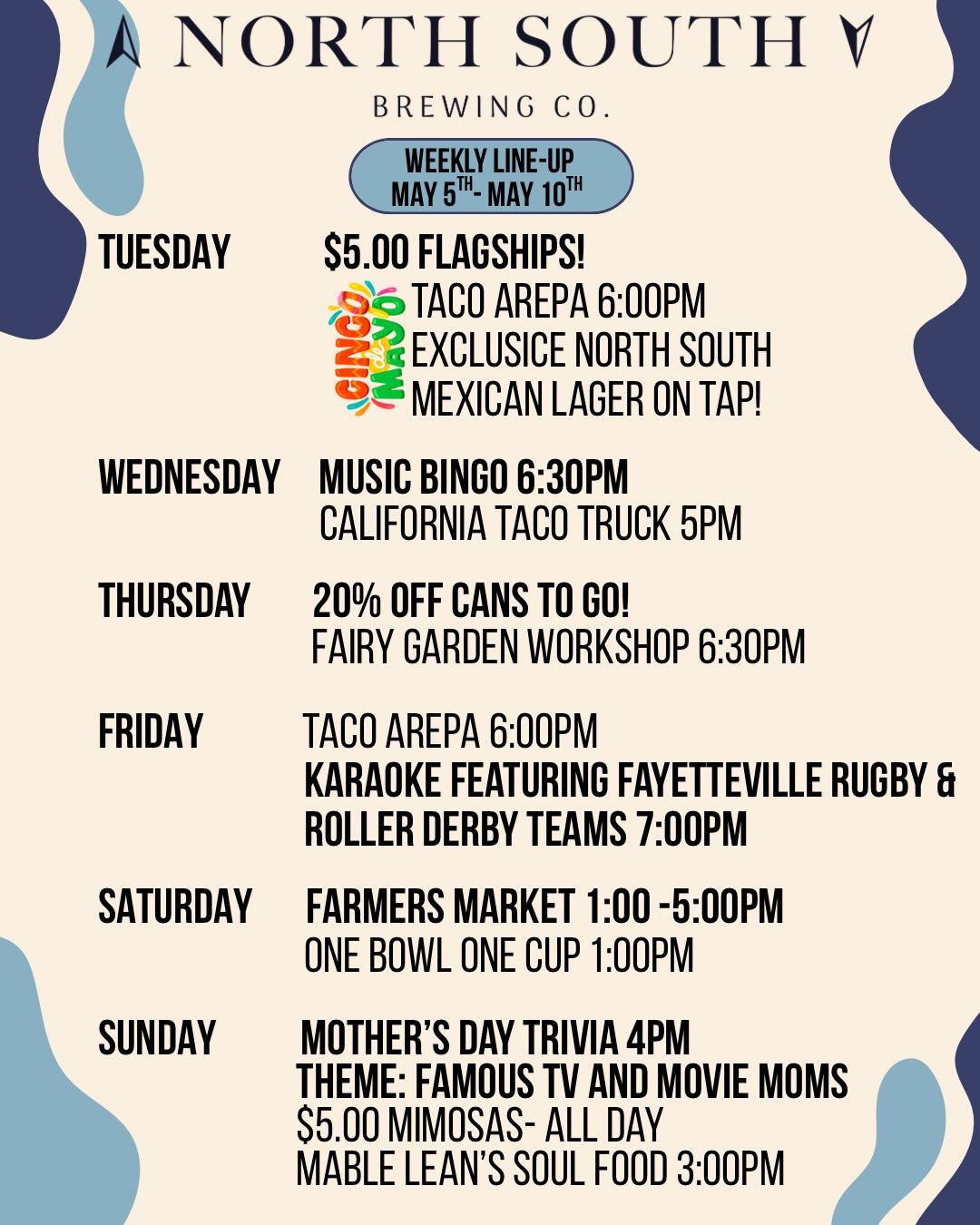 Your mom called and said she wants you to come spend the week with us! ⬇️ See all the happenings at North South this week&hellip;We can&rsquo;t wait to drink with you! 🍻❤️

TUESDAY with the Cinco de Mayo Vibes!
🌮 Taco Arepa at 6:00pm 
🍺 $5 Flagshi