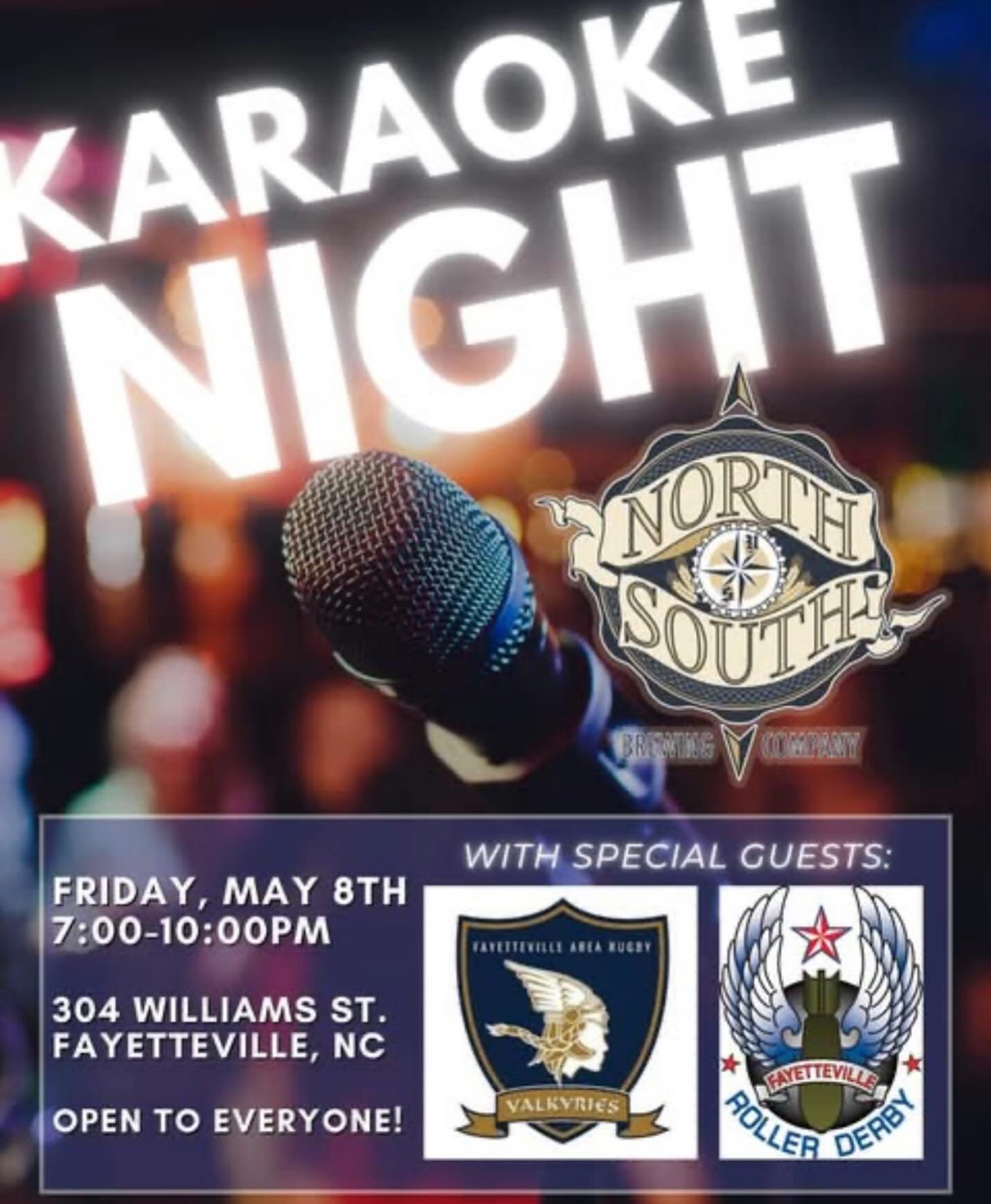 Friday&rsquo;s fun and festivities are being brought to you by the Fayetteville Area Rugby and Roller Derby teams&hellip;plus your favorite local brewery, North South! 

Expectations for fun and funny moments, rock star quality karaoke, and the perfe