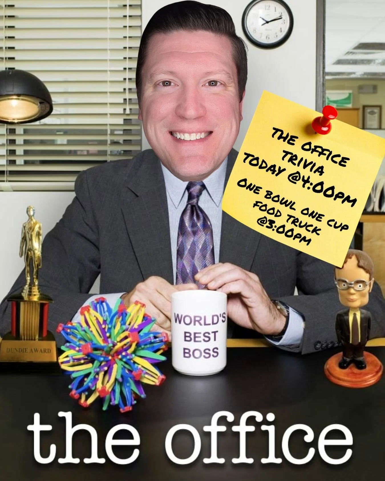 MEMO FROM REGIONAL MANAGEMENT

Attention Dunder Mifflin employees and North South regulars:

THE OFFICE Trivia with @910comedy 
starts at 4:00pm today. Free to play. 

One Bowl One Cup Food Truck serving at 3:00pm. 

$5.00 Mimosas all day. 

Do you k