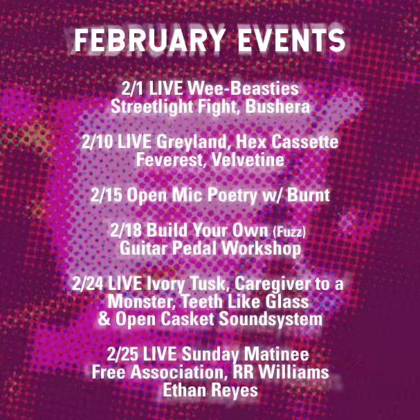 Was January too long for y&rsquo;all too?
February Events!

2/1 @punks_on_66 presents
@thewee_beasties
@streetlightfight
@busheraband 
Doors at 6:30
Tickets $15

2/7 Guitar Pedal Workshop registration closes.

2/10 Live @greylandofficial
@hexcassette