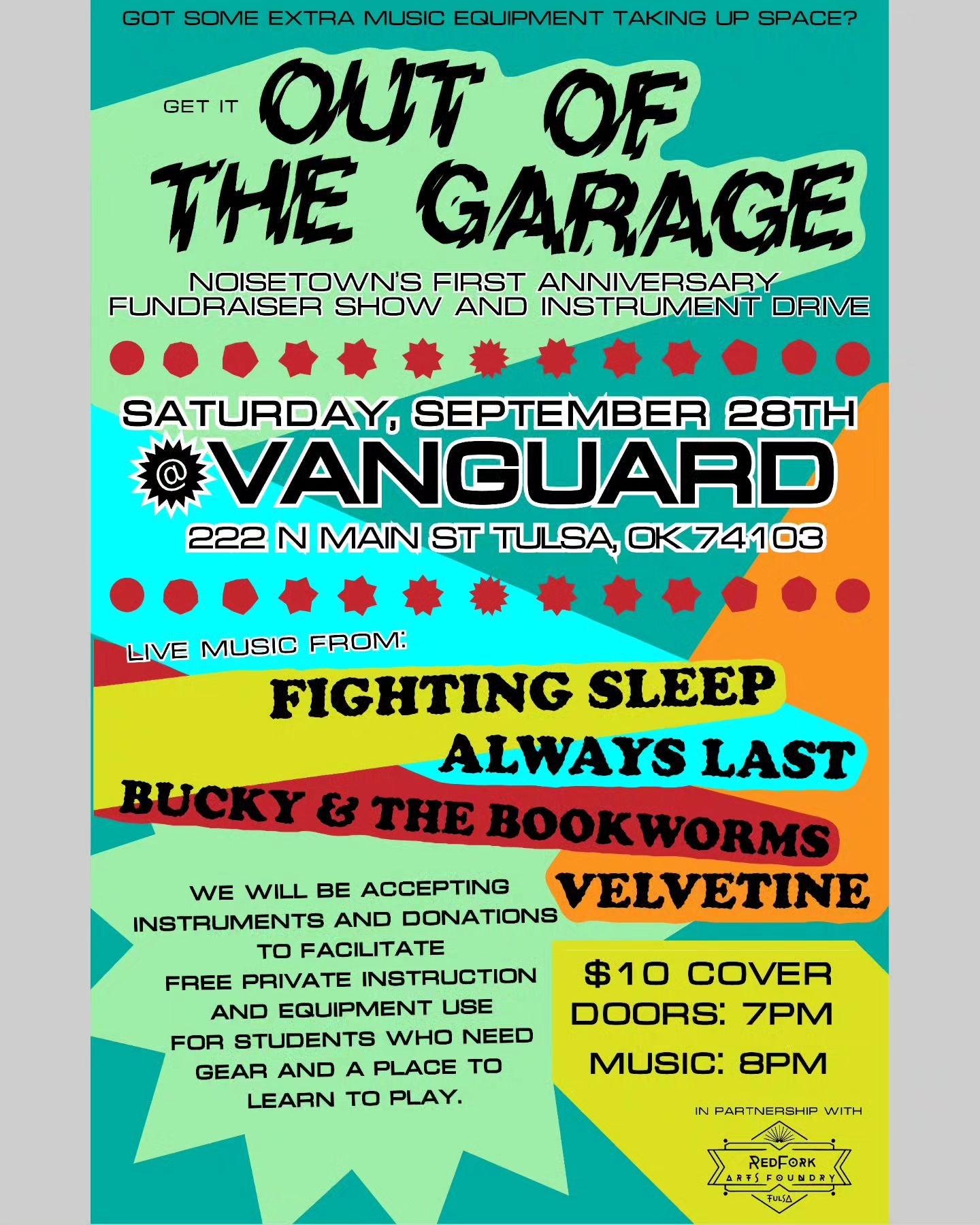 After one year of live music at Noise Town, we are celebrating at @​​vanguardtulsa on Saturday, Sept 28th!
Link to tickets in our bio.

For the event, we are also partnering with the RedFork Arts Foundry Tulsa to fundraise and collect instrument dona