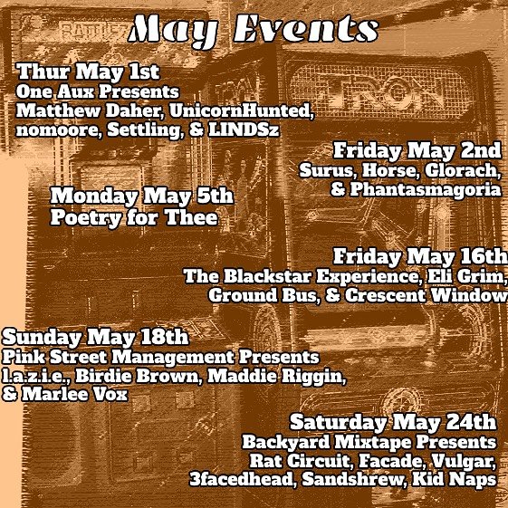 All events, all ages, please come and hang out!
Thursday May 1st
An evening of experimental music presented by @one.aux
Featuring performances by:
Wisdom to Know the Difference| @matthewdahermusic
LiNDSz | @lindszofficial
nomoore | @nomoore01
Set