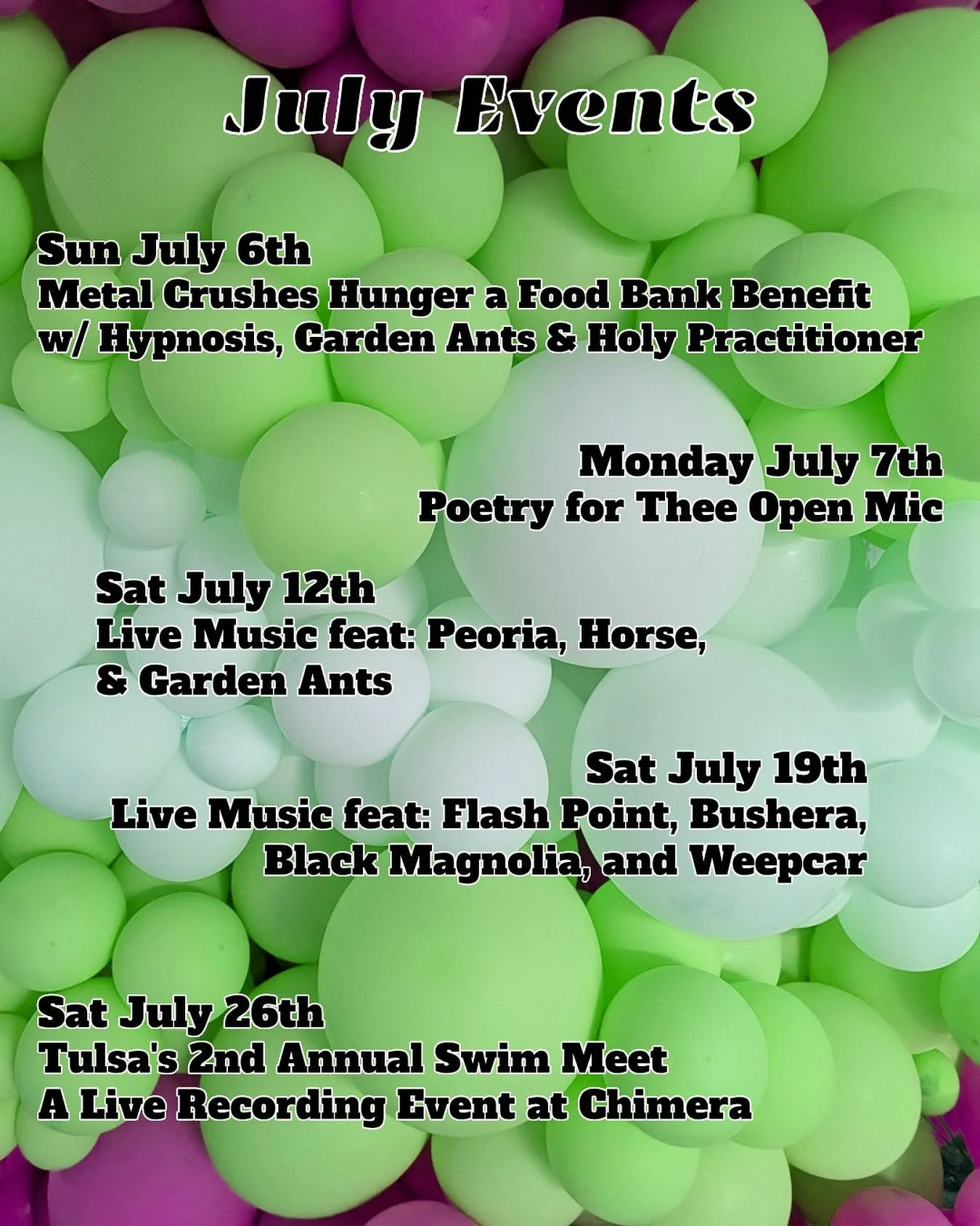 July Events! All events are all ages.
Sunday July 6th
A Food Bank of Eastern Oklahoma Benefit feat:
Holy Practitioner | @musicfromthesummit
Garden Ants | @gardenants_ok
Hypnosis | @hypnosis.band
Doors 7pm Music 8pm
Tickets $10
A portion of the proc