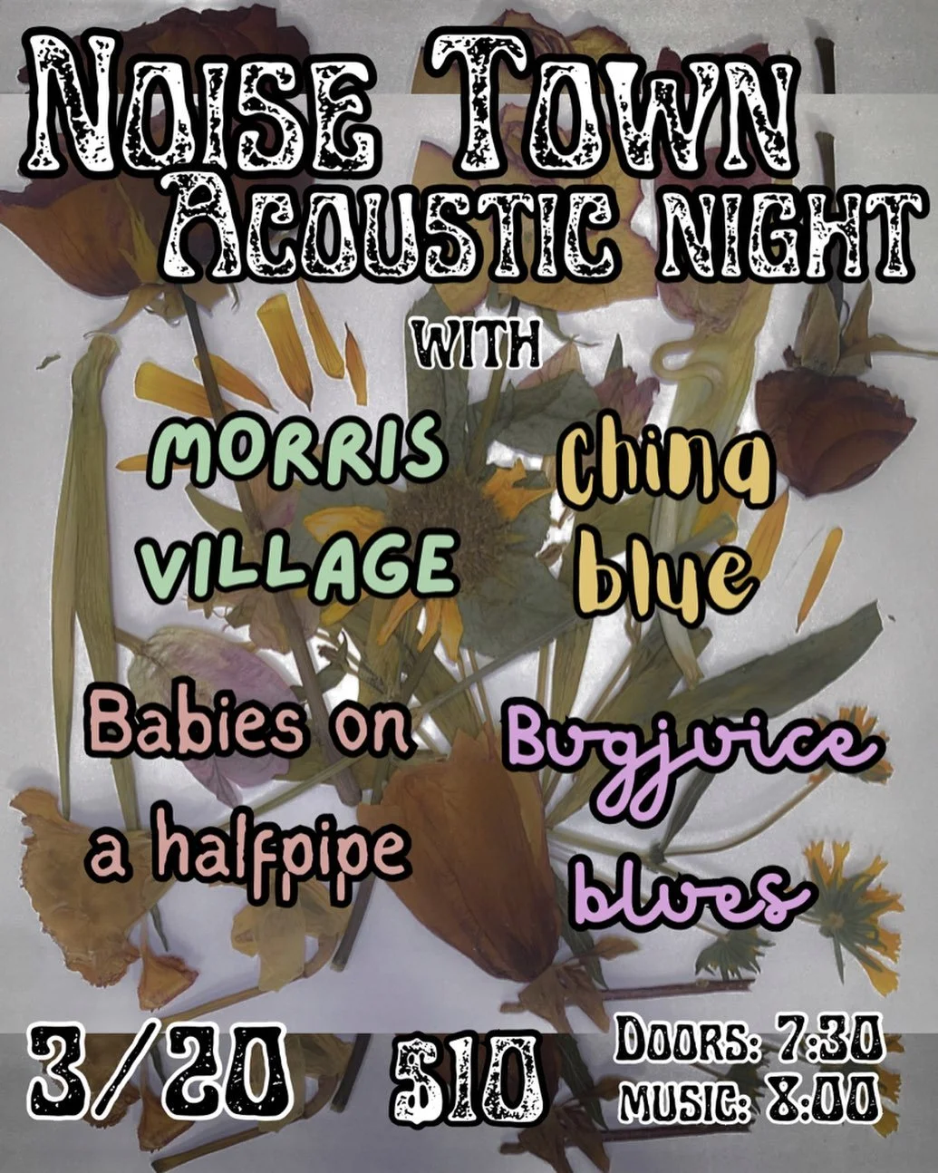 Thank you to @bugjuice_blues for putting this awesome show together! Friday March 20th is Acoustic Night at Noise Town feat:

Morris Village | @morrisvillagetul
China Blue | @chinablueband
Bugjuice Blues | @bugjuice_blues
Babies on a Half Pipe | @bab