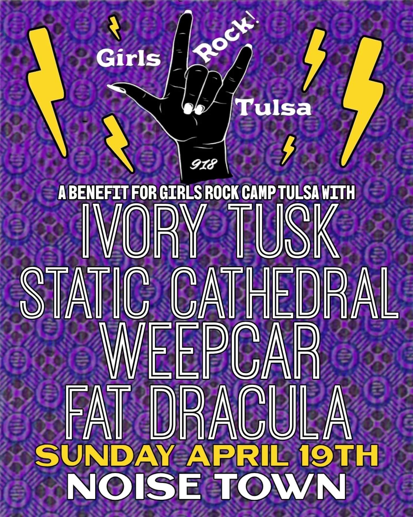 Matinee Show Sunday April 19th! We are fundraising for @girlsrock_camptulsa feat:

Ivory Tusk | @churchoftheivorytusk

Static Cathedral | @staticcathedral

Weepcar | @weepcar

Fat Dracula | @realfatdracula

Suggested Donations $10 All proceeds go to 