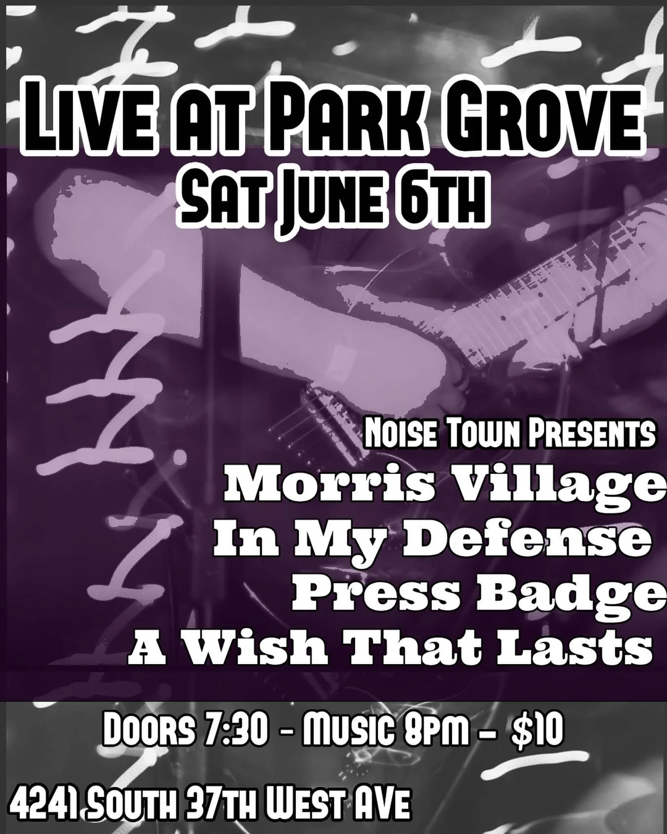 Announcing a @noisetown_tulsa and @parkgrovecc collaboration show! The show will be held at Park Grove Recc on South 37th West Avenue down the street from Noise Town! Feat:

Morris Village | @morrisvillagetul
In My Defense | @inmydefenseband
A Wish T