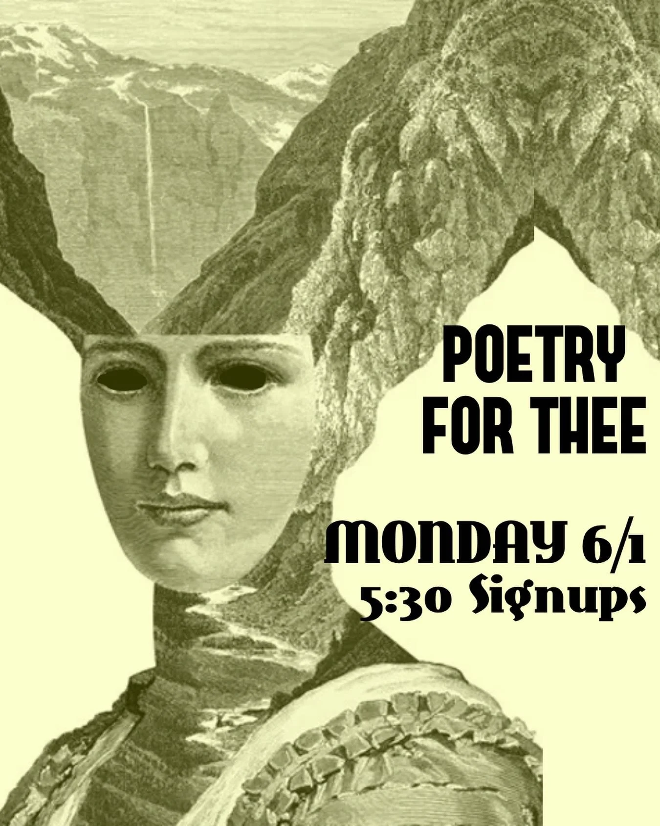 Poetry for Thee
A Poetry Night First Monday of Every Month!

Monday June 1st
Sign up 5:30pm Reading 6pm

Our monthly poetry swap hosted by Alf. Free to attend and listen, reading is not mandatory!