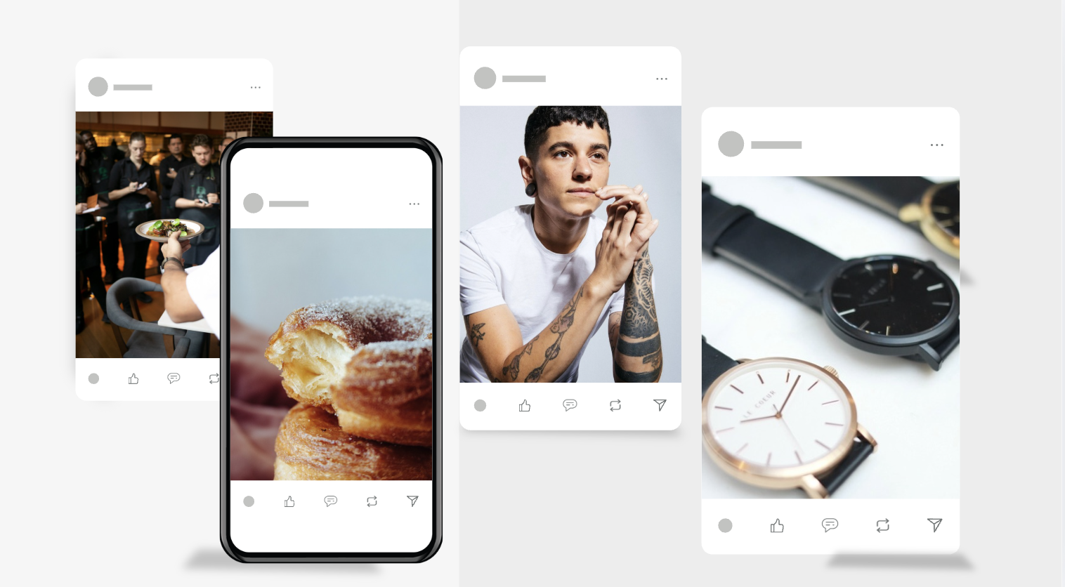 Collage of four social media post previews, with three featuring people and one showing watches and desserts.