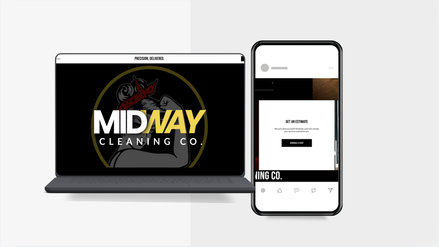 Laptop and smartphone displaying branding for MidMay Cleaning Co., including a logo of a muscular arm with a clenched fist, and a website with options to get an estimate and schedule a visit.